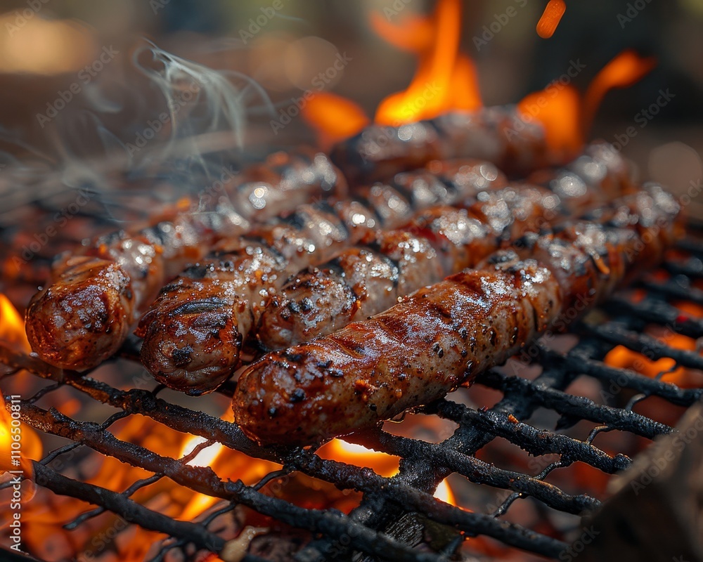 Close-up of Juicy Sausages Sizzling on BBQ Grill, Capturing the Essence of Summer Grilling. Close-up of Juicy Sausages Sizzling on BBQ Grill, Capturing the Essence of Summer Grilling.