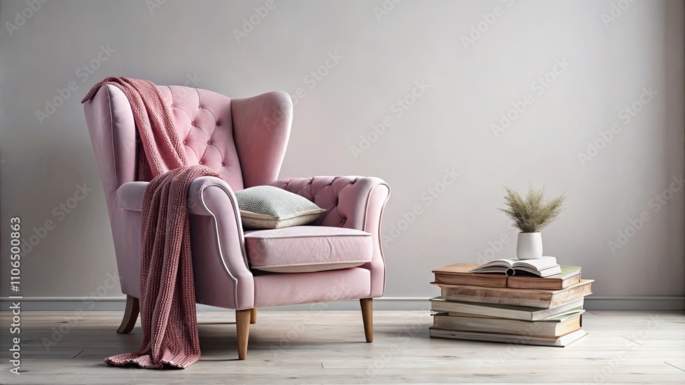 Pink velvet armchair with a stack of books, a soft throw blanket in a cozy reading corner, pink, velvet, armchair