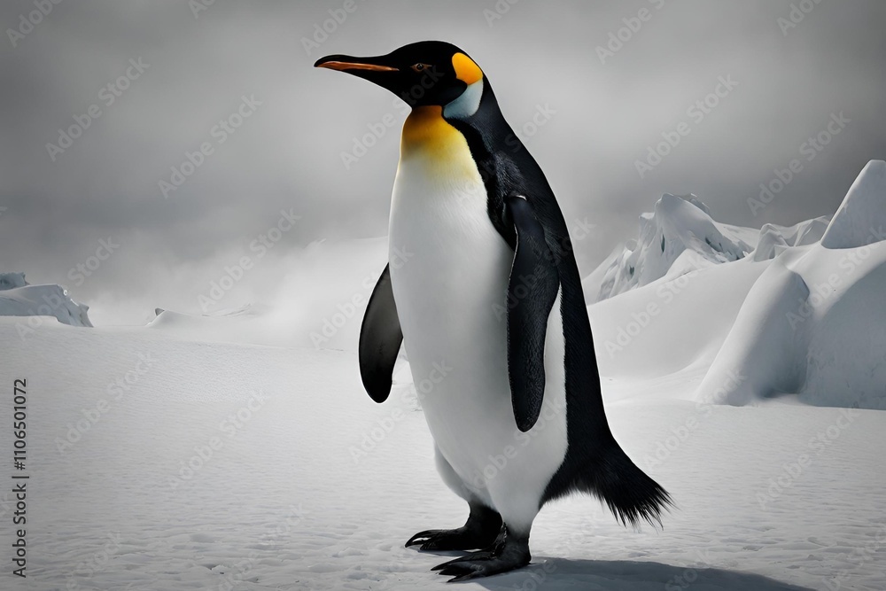 Fototapeta premium A majestic penguin standing amidst a serene, snowy landscape