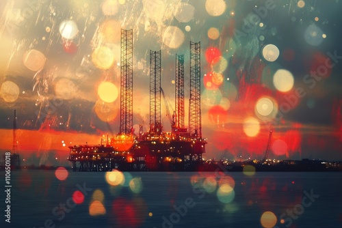 Stunning Sunset Over Offshore Oil Rig with Colorful Bokeh Lights and Dramatic Sky Reflections Creating a Captivating Atmosphere for Industrial and Nature Themes photo