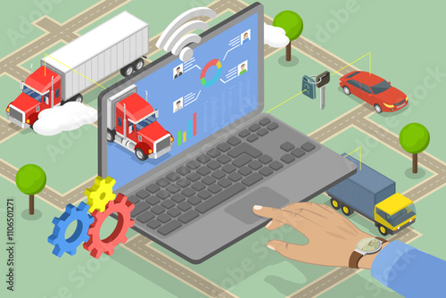 3D Isometric Flat Vector Illustration of Fleet Management Software, Enhanced Operational Efficiency And Control