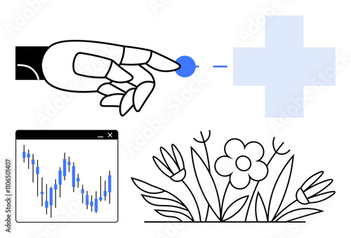 Robotic hand touching a blue dot leading to a cross, stock market chart, and flowerbed. Ideal for healthcare, AI technology, nature, finance, robotics innovation user interaction. Line metaphor