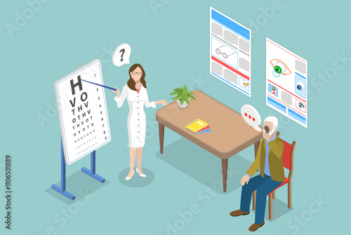 3D Isometric Flat Vector Illustration of Senior Eye Examination, Assessing Elderly Patients Vision