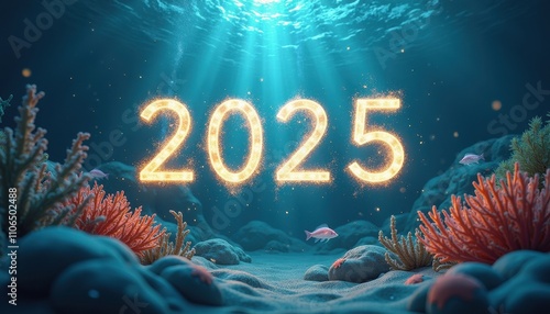 A magical underwater scene with glowing sea creatures and 'Happy New Year 2025' appearing as shimmering light in the water