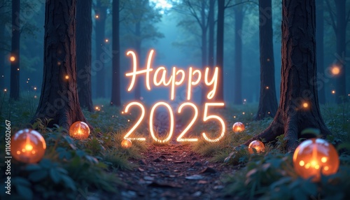 A magical forest scene lit by glowing orbs and fairylike lights, with 'Happy 2025' softly glowing in the middle of the enchantment.