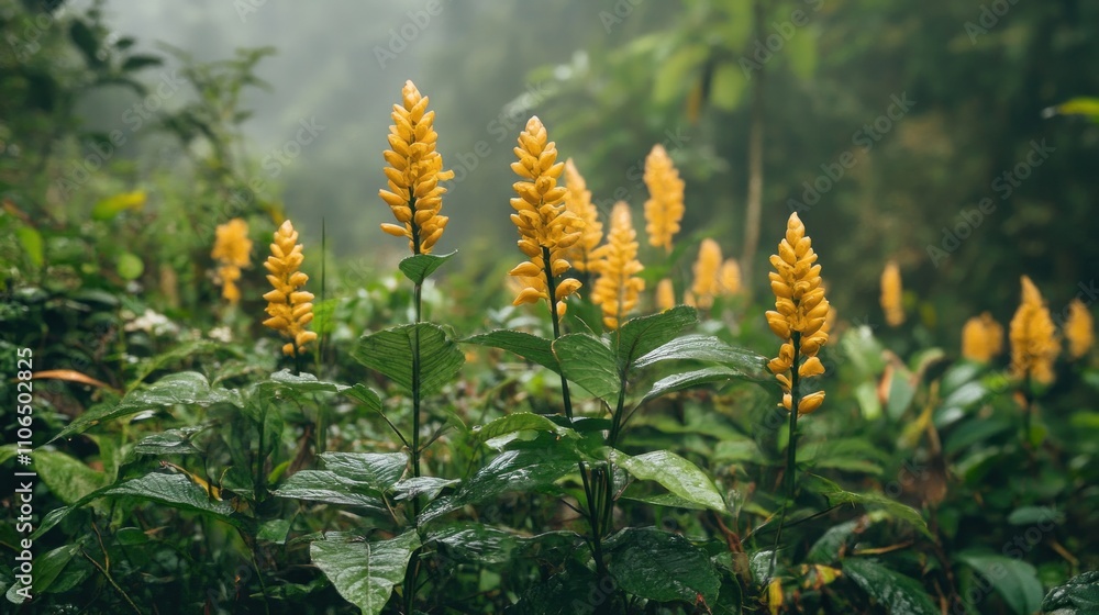 Yellow Flowers in a Lush, Misty Jungle Yellow Flowers in a Lush, Misty Jungle