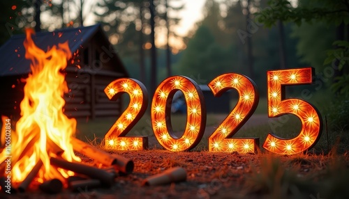 A rustic outdoor celebration with bonfires, laughter, and the glowing text 'Happy New Year 2025' lighting up the scene.