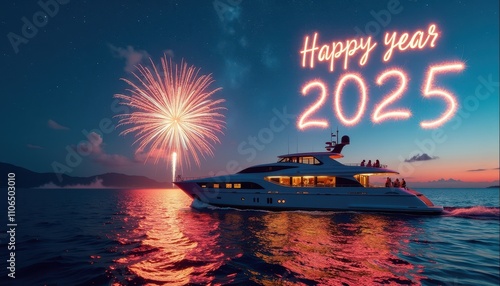 A dazzling yacht party on a moonlit ocean with fireworks and 'Happy Year 2025' displayed in the stars above.