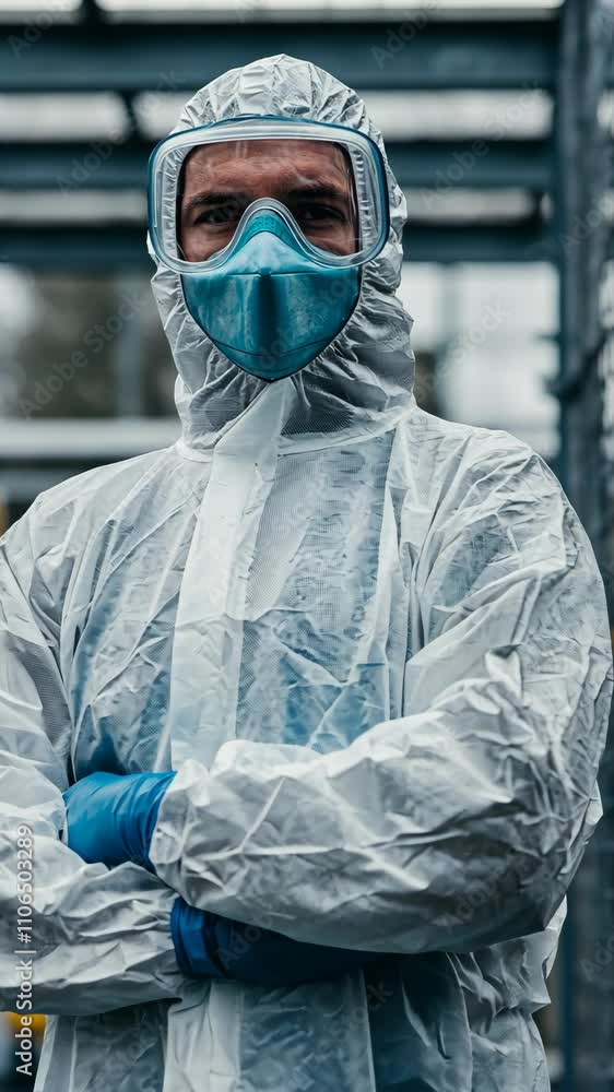 Healthcare worker in protective gear stands confidently in urban setting during pandemic Healthcare worker in protective gear stands confidently in urban setting during pandemic