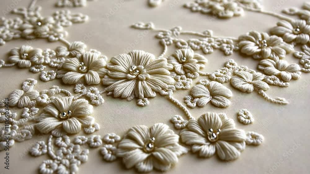 Delicate floral embroidery showcasing intricate craftsmanship on a cream fabric background Delicate floral embroidery showcasing intricate craftsmanship on a cream fabric background