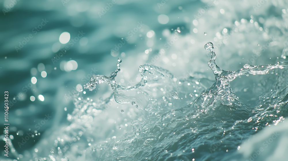 Splash of clear water with drops on light blue background, closeup, beautiful sea wave texture outdoors Splash of clear water with drops on light blue background, closeup, beautiful sea wave texture outdoors