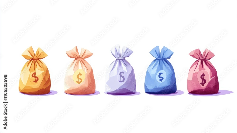 Colorful Money Bags Displaying Dollar Signs Colorful Money Bags Displaying Dollar Signs