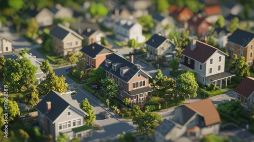 The vibrant residential neighborhood showcases various homes surrounded by lush greenery and well-maintained gardens. Streets wind between the houses, creating an inviting community atmosphere.