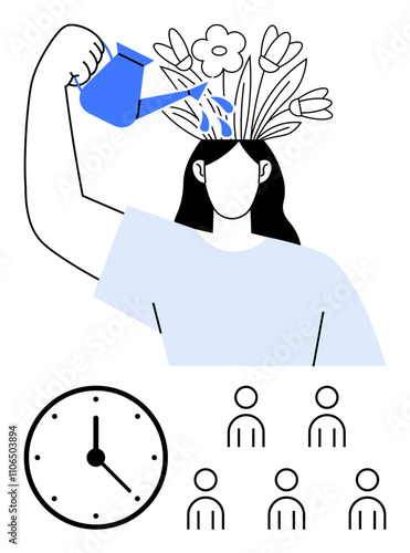 Person watering head with flowers a clock, and multiple stick figures. Ideal for themes of self-improvement, creativity, productivity, time management, teamwork, mental health, and growth. Line