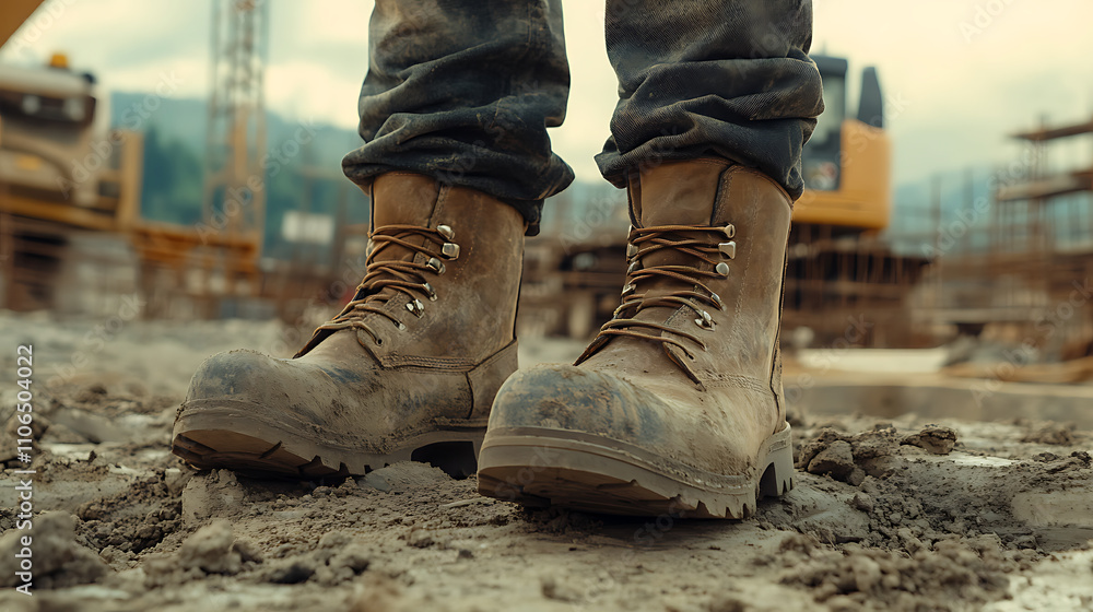 Builder's boots on the background of a construction site Builder's boots on the background of a construction site
