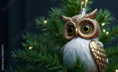 owl christmas Green christmas tree decorated with a glass owl toy preparing to celebrate the new year and christmas  animal, decoration, season, bird photo