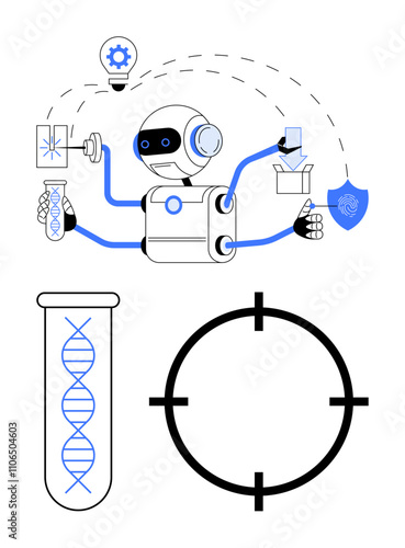Robotic figure multitasking with DNA helix, bulb, shield, and target. Ideal for technology, science, automation, AI research security innovation themes. Line metaphor