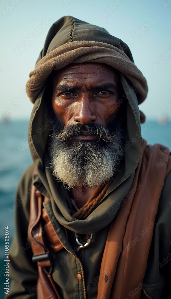 A Somali man dressed in traditional attire stands confidently on a beach with the ocean waves behind him. His expression conveys strength and determination, capturing the essence of modern piracy. AI A Somali man dressed in traditional attire stands confidently on a beach with the ocean waves behind him. His expression conveys strength and determination, capturing the essence of modern piracy. AI