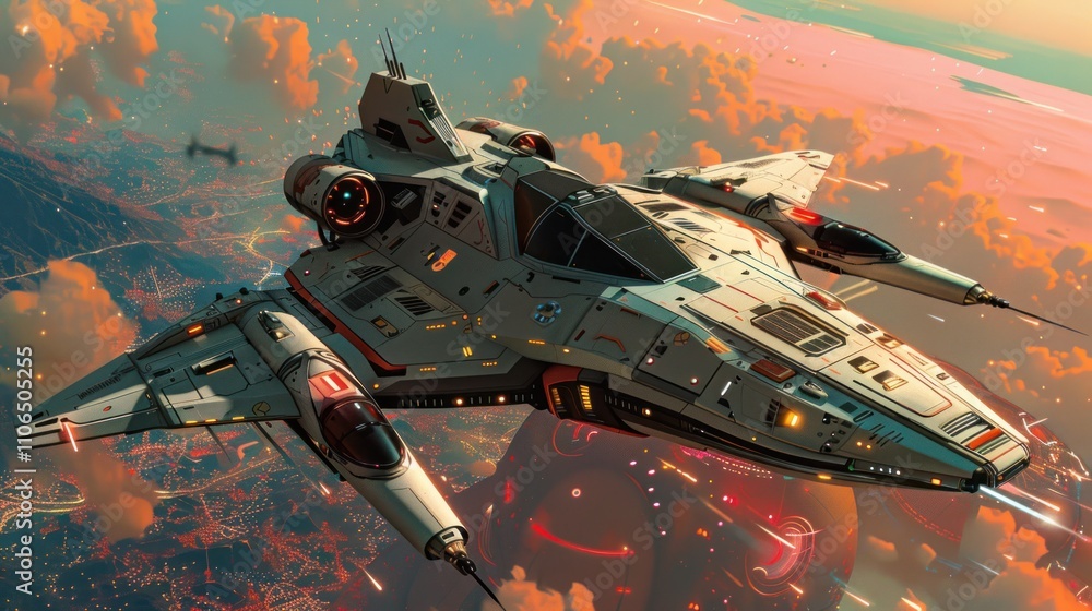 A futuristic spaceship soaring through a colorful sky, showcasing advanced design and technology. A futuristic spaceship soaring through a colorful sky, showcasing advanced design and technology.