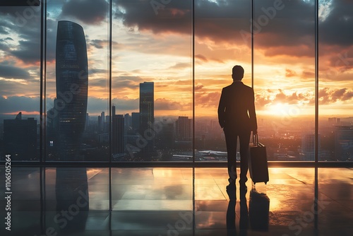 Businessman contemplating cityscape at sunset. Concept of vision, opportunity, and success.