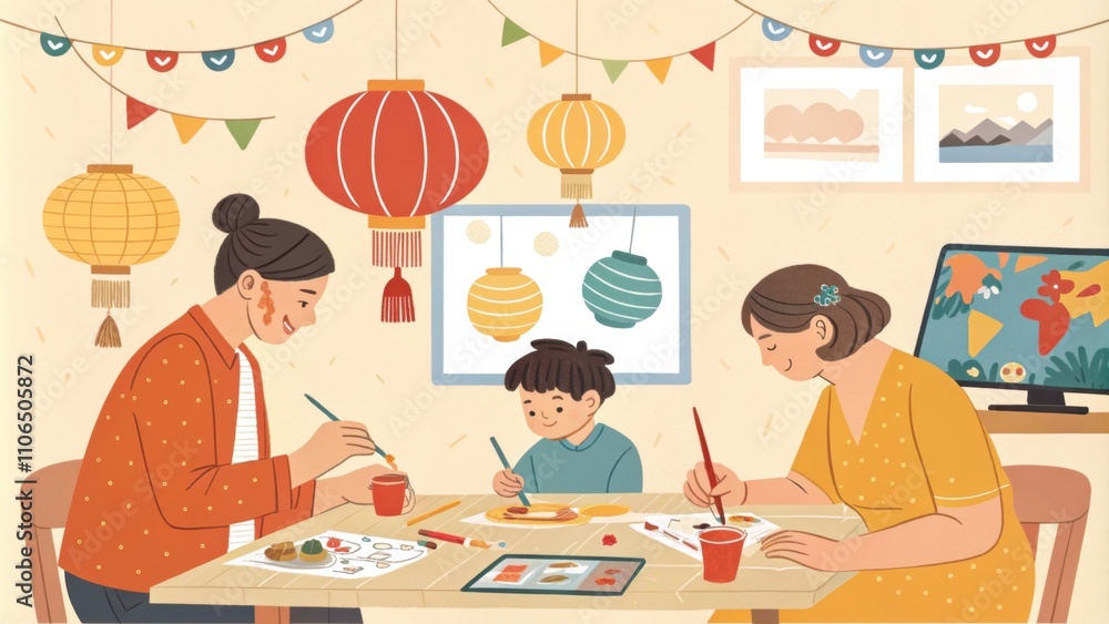 Crafting Together A scene of creativity where family members are crafting handmade decorations via video call. Each person has their crafting supplies laid out on the table making Crafting Together A scene of creativity where family members are crafting handmade decorations via video call. Each person has their crafting supplies laid out on the table making