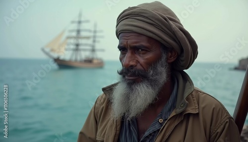 A Somali man dressed in traditional attire stands confidently on a beach with the ocean waves behind him. His expression conveys strength and determination, capturing the essence of modern piracy. AI
