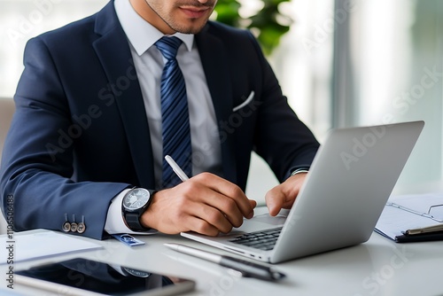 Businessman working on laptop. Concept of productivity, professional, and modern office.