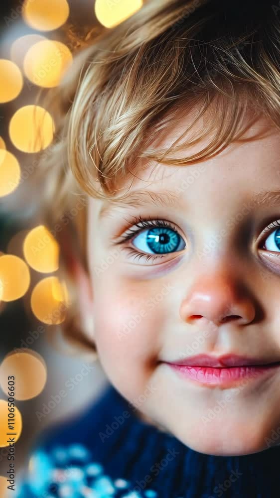 Bright blue-eyed child smiles joyfully in front of a softly lit background during a festive gathering Bright blue-eyed child smiles joyfully in front of a softly lit background during a festive gathering