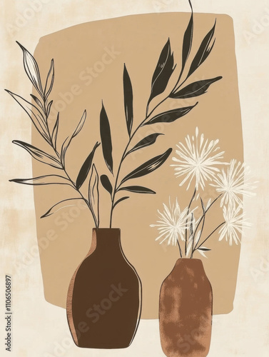  bohemian-style vector illustration featuring two plants in vases, set against a beige background with muted colors and earth tones. The design features simple shapes, organic lines, and a minimalist 