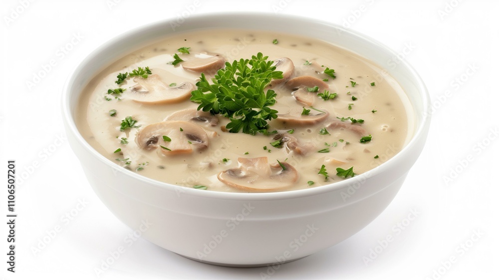 High-resolution photo of a bowl of creamy mushroom soup garnished with fresh parsley
High-resolution photo of a bowl of creamy mushroom soup garnished with fresh parsley