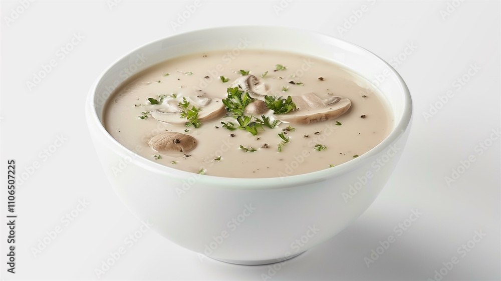 High-resolution photo of a bowl of creamy mushroom soup garnished with fresh parsley
High-resolution photo of a bowl of creamy mushroom soup garnished with fresh parsley