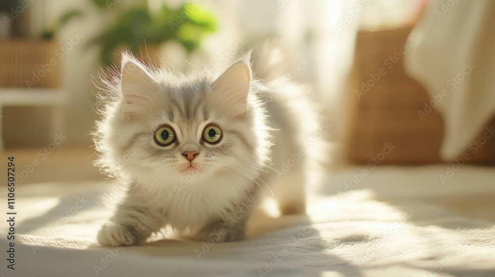 Silvery Fluffy Maine Coon Kitten in Bright Room Silvery Fluffy Maine Coon Kitten in Bright Room