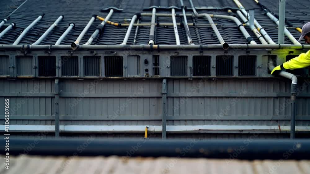 medium shot HVAC technician inspecting rooftop HVAC system or HVAC professional examining vents or technician checking rooftop equipment medium shot HVAC technician inspecting rooftop HVAC system or HVAC professional examining vents or technician checking rooftop equipment