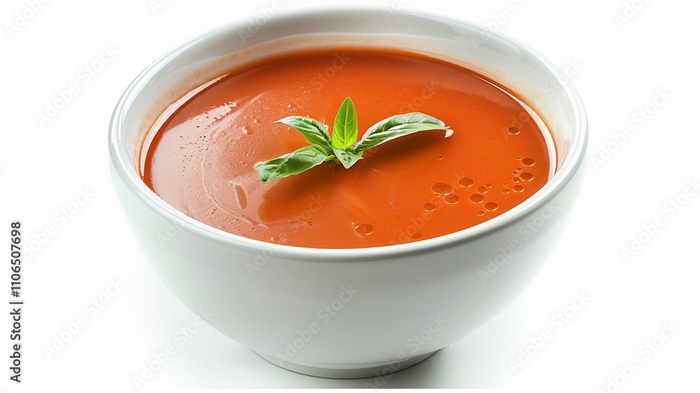 Detailed and lifelike photo of a bowl of tomato soup garnished with basil leaves
Detailed and lifelike photo of a bowl of tomato soup garnished with basil leaves