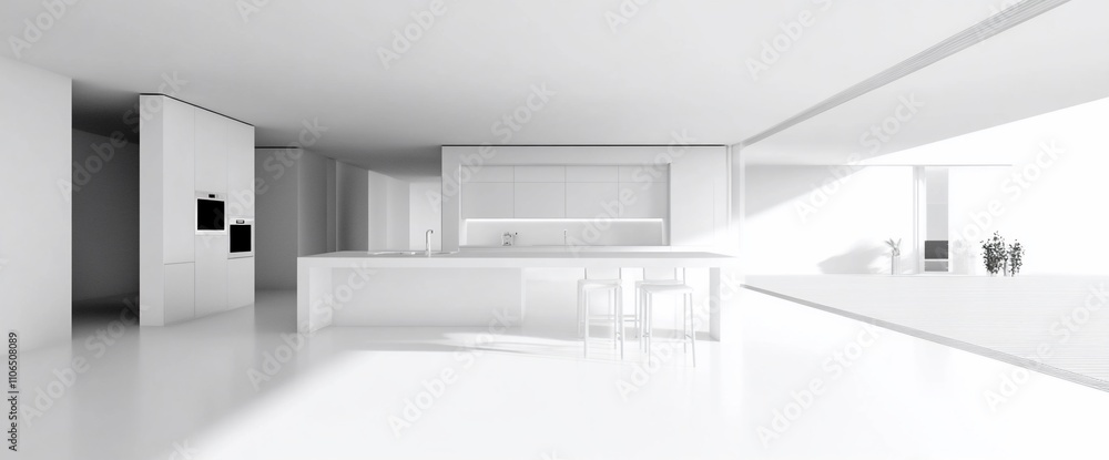 Modern minimalist white kitchen design with island and bar stools, sunlit open plan. Modern minimalist white kitchen design with island and bar stools, sunlit open plan.