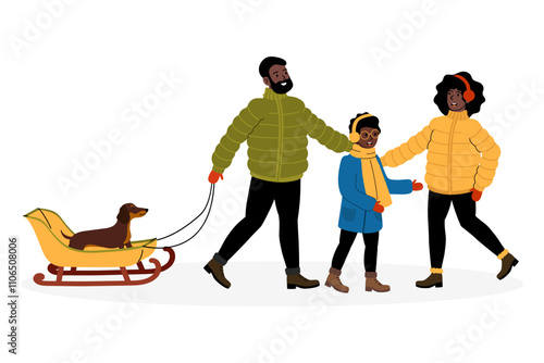 Family enjoying a winter stroll with a dog on a sled in a snowy setting