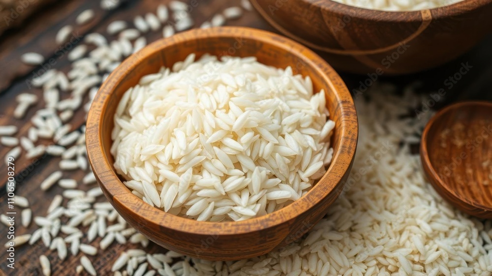 Close-up shot of a wooden bowl filled with uncooked rice grains on a rustic wooden table, ingredient, texture Close-up shot of a wooden bowl filled with uncooked rice grains on a rustic wooden table, ingredient, texture