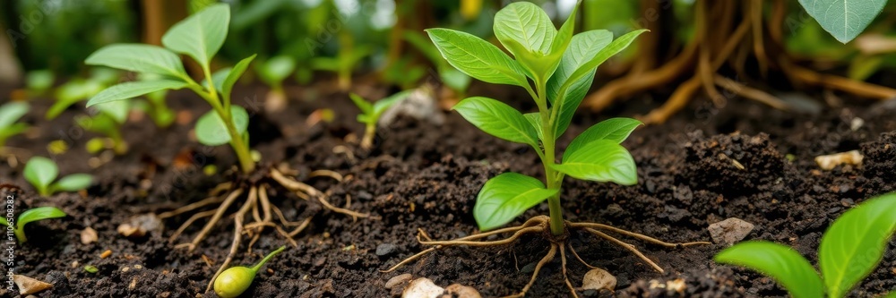 Close-up of coffee bean seedling roots growing in a natural environment, nature photography, flora Close-up of coffee bean seedling roots growing in a natural environment, nature photography, flora