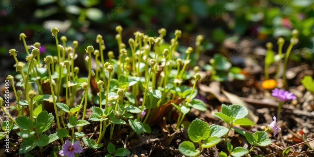 A cluster of tiny plants grow together in the warm sunlight their leaves a vibrant green, greenery, sprouts A cluster of tiny plants grow together in the warm sunlight their leaves a vibrant green, greenery, sprouts