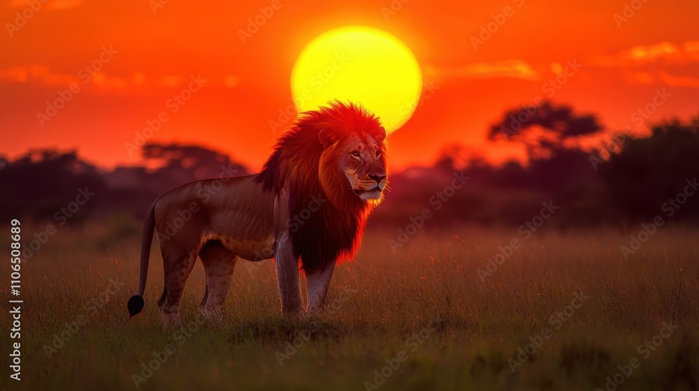 Majestic Lion Silhouetted Against Sunset Sky Majestic Lion Silhouetted Against Sunset Sky