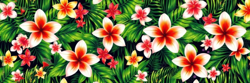 Obraz premium Tropical seamless palm leaf pattern with colorful exotic flowers in a lush green background, foliage, outdoor