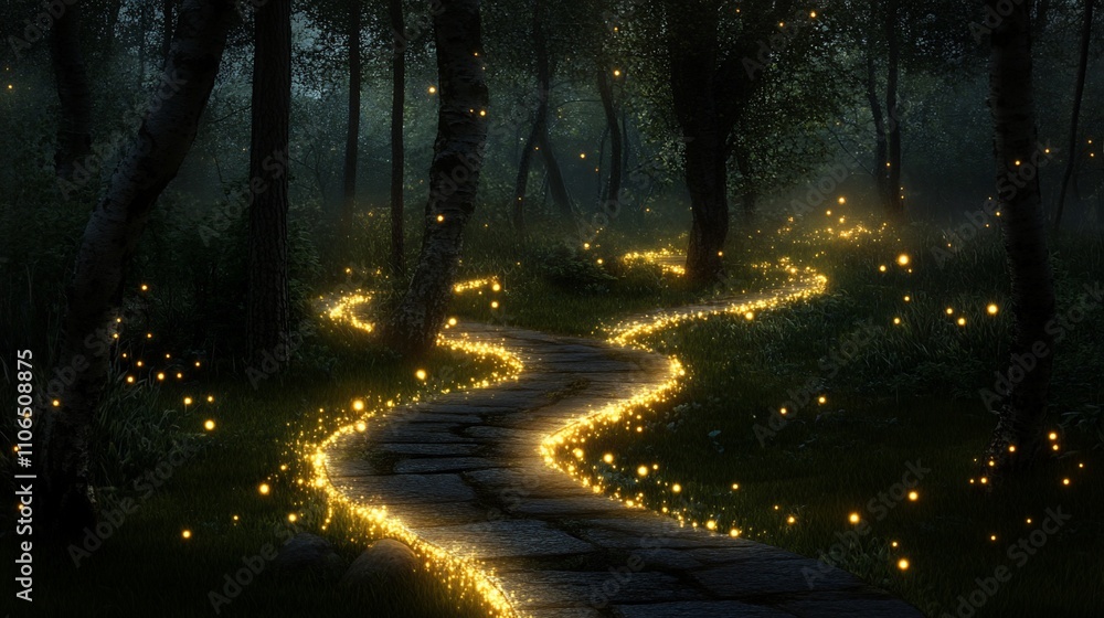 Fototapeta premium Magical forest path glowing at night.