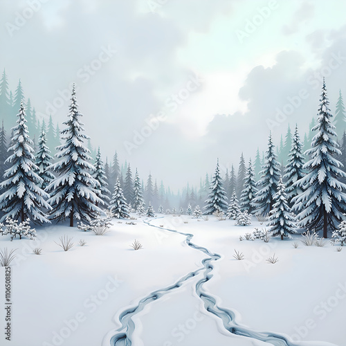 Serene winter landscape with snow covered trees and a gentle stream flowing through, digital art of nature scene concept.