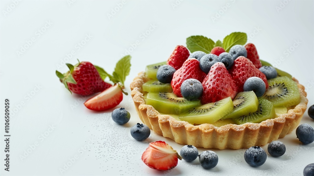 High-resolution and lifelike photo of a colorful fruit tart with strawberries, kiwi, and blueberries
High-resolution and lifelike photo of a colorful fruit tart with strawberries, kiwi, and blueberries