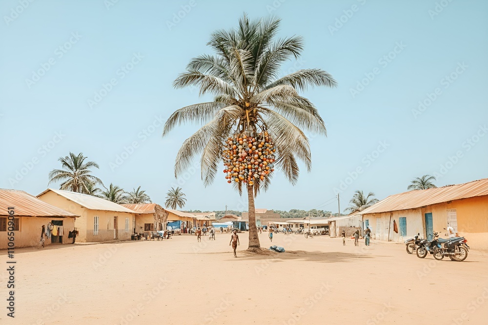 A palm tree in a rural village with colorful ornaments hanging on it under a clear blue sky A palm tree in a rural village with colorful ornaments hanging on it under a clear blue sky