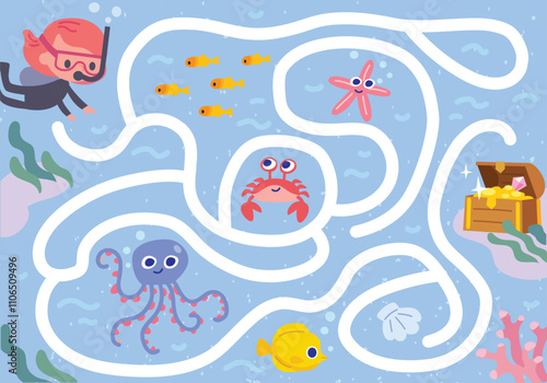 Find sunken treasures puzzle game. Girl diving to find treasures. Vector colorful maze for children with underwater world cartoon animal characters. Kids maze with way passing through marine world. 