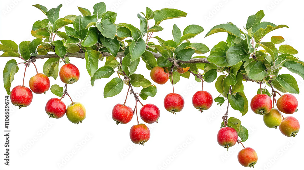 Obraz premium Apple tree plant branches with ripe red apple fruits hanging and green leaves, organic fresh food garden growing agriculture, isolated on white background.