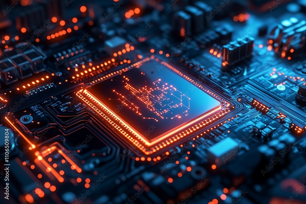High tech CPU chip on circuit board. Concept of advanced technology, computing, and innovation. High tech CPU chip on circuit board. Concept of advanced technology, computing, and innovation.