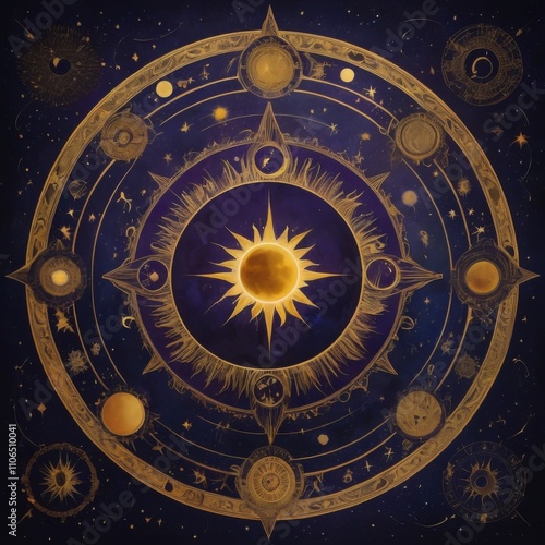 Wallpaper Mural Celestial chart illustrating the zodiac signs and astrological symbols in a circular arrangement with a sun at the center Torontodigital.ca