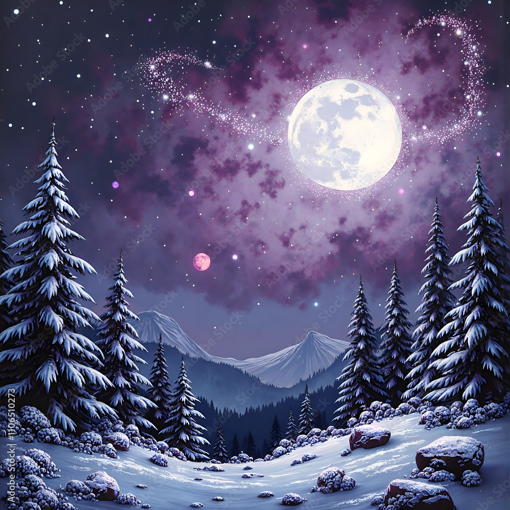 Fototapeta premium A dreamy night in a snowy forest under a cosmic sky, digital art of fantasy landscape concept.